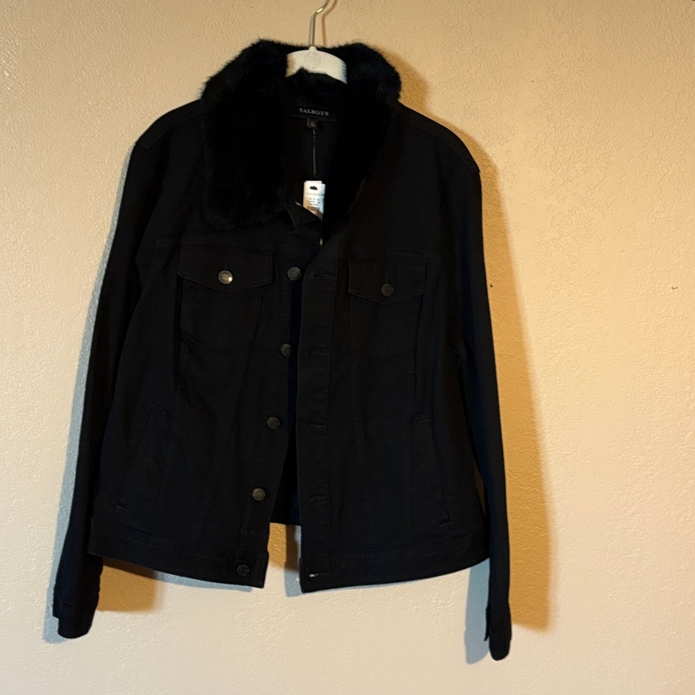 Talbots Black Jean Jacket with Faux Fur Collar